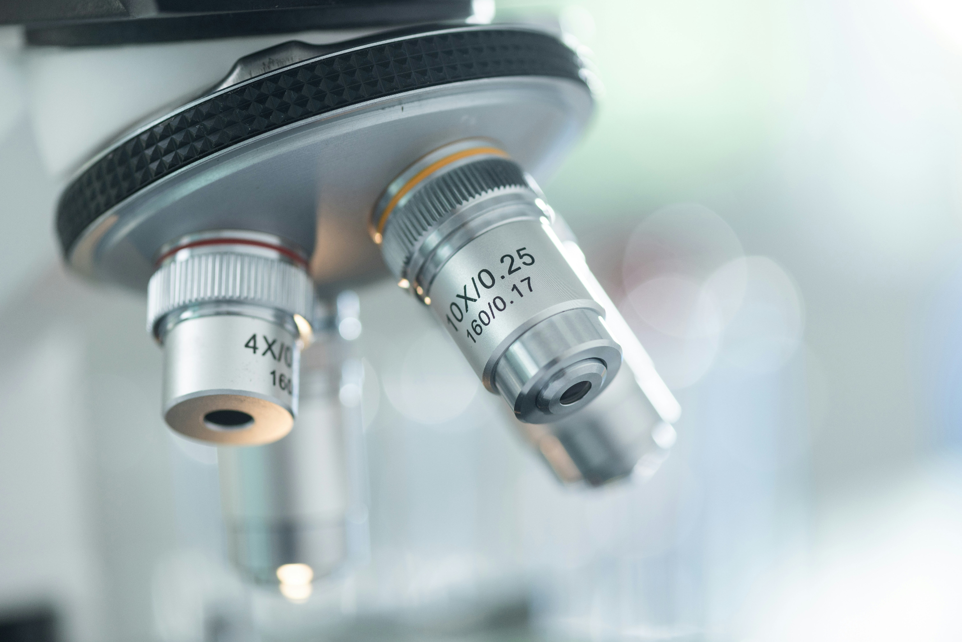 Close-up of microscope objective lenses